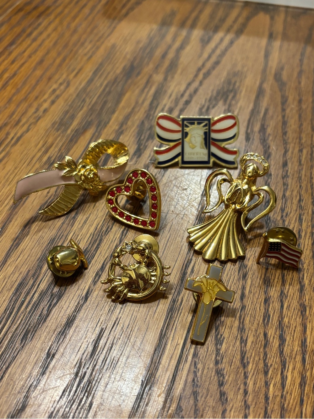 Gold-Tone Angel and Ribbon Brooch Set with Red Heart Accent
